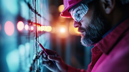 Close-up of an engineer wearing a hard hat working on a control panel with a pen in hand, highlighting the intricate details of a technical environment with illuminated lights.