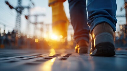 Two workers in safety gear walking on an industrial site with the sunrise in the background, signifying the start of a productive day in a heavy-duty work environment.