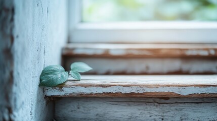 Obraz premium A single green leaf rests on a weathered window sill with soft natural light filtering in from the window, creating a serene and peaceful atmosphere.