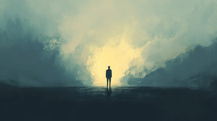 Fototapeta premium Philosophical. Fictional. Lonely human. Unreal. Modern art. Idea symbol. Standing Alone. Imaginary. Surreal scene. 2d illustration. Enlightenment.
