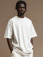 An African American man is wearing a white oversized T-shirt for a mockup, beige background