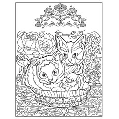 Animals In Flowers Coloring Book For Adult. Large Print unique vector design.