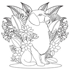 Animals In Flowers Coloring Book For Adult. Large Print unique vector design.