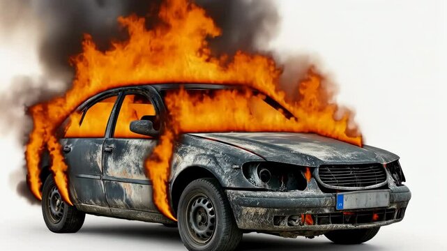 A car is on fire and the flames are very high. The car is old and rusted