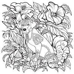 Animals In Flowers Coloring Book For Adult. Large Print unique vector design.