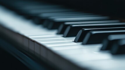 An artistic photograph of piano keys shot from an angle creating a sense of depth, highlighting the smooth surface and the contrast between black and white keys.