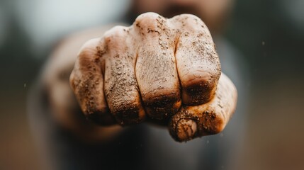 Image capturing a dirty clenched fist aimed at the viewer showcasing the strength and resolve of the person. The detailed texture of the skin and dirt is clearly visible.