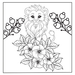 Animals In Flowers Coloring Book For Adult. Large Print unique vector design.