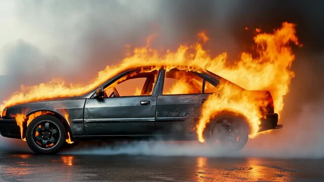 A car is on fire and is surrounded by smoke