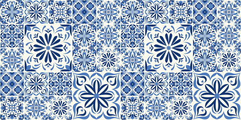  Seamless azulejo tile pattern with traditional Portuguese and Spanish ceramics  in navy blue and white, traditional mediterranean design. Ornate damask fabric swatch. Moroccan ceramic background.