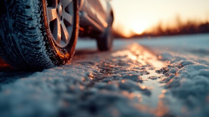 A striking close-up of a car tire on an icy road, illuminated by the warm glow of a sunset, emphasizing the contrast between warmth and the harsh winter environment.