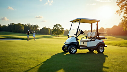 Stylish golf cart on a sunlit course with a panoramic view, golfers in the distance, and space for text.






