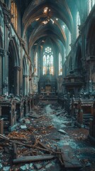 An old, abandoned church interior with high ceilings, damaged pews, and stained glass windows, showcasing the decay and remnants of its former grandeur