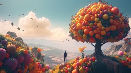 Fruit, surrealism, dreamlike abstract imaginary illustration, human standing on an edge, imaginary world.