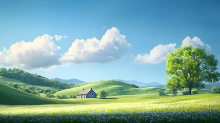 Peaceful Rural Scene with Green Hills and Farmhouse