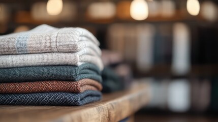 A neat stack of folded knitted sweaters in various earthy tones sits on a wooden table, evoking warmth and coziness, set against a softly blurred backdrop, highlighting the tactile textures.