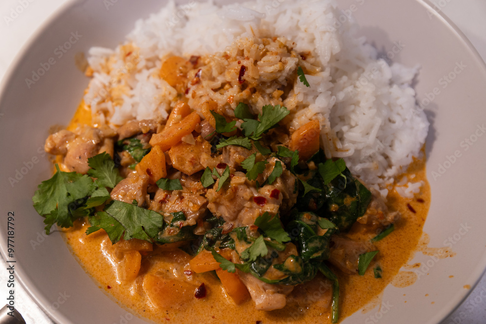 Wall mural a plate of rice with chicken curry.