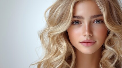 Naklejka premium A blonde woman with long hair and a tan complexion. She has a light blue eye color and a pinkish tint to her lips