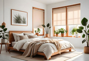 Fototapeta premium Modern bedroom interior in eco style with natural materials