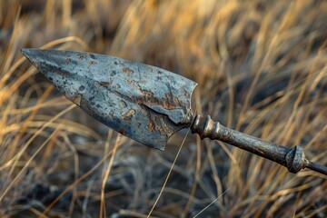 Ancient, weathered metal spearhead with a rusted surface and intricate design, displayed outdoors against a blurred background of dry, golden grass