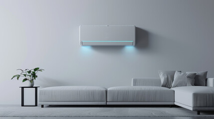 A stylish living room features a modern air conditioning unit installed on the wall, adjacent to a small table with a vibrant indoor plant and a comfortable sofa