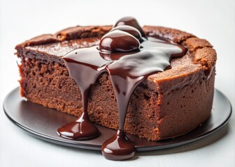 Rich, velvety chocolate kladdkaka cake, freshly baked and oozing with warm chocolate sauce, against a crisp white background.