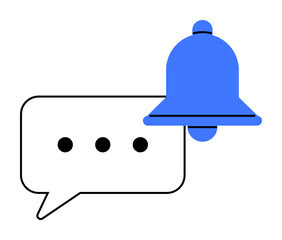 Blue notification bell overlaying a speech bubble with three ellipsis dots. Ideal for messages, notifications, communication apps, updates, reminders.