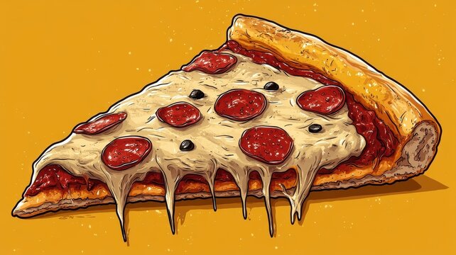 A pizza slice illustrated in cartoon art style, with exaggerated features and playful colors, giving it a fun, whimsical appearance.