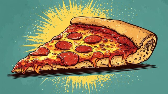 A pizza slice illustrated in cartoon art style, with exaggerated features and playful colors, giving it a fun, whimsical appearance.