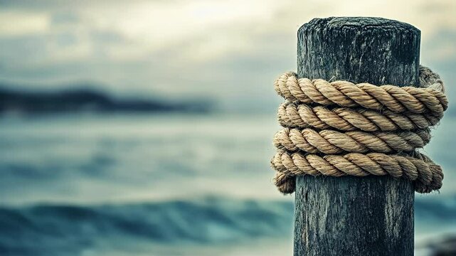 A weathered wooden post tied with rope near a tranquil ocean during cloudy weather at dawn