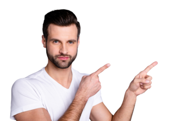 Close up photo amazing he him his macho perfect ideal appearance neat bristle index fingers indicating empty space novelty advising buy buyer wear casual white t-shirt isolated grey background