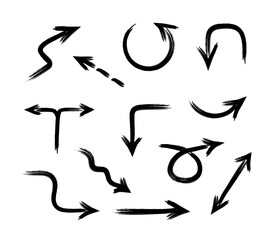 Doodle grungy black arrows in various directions. Graffiti elements isolated on white background