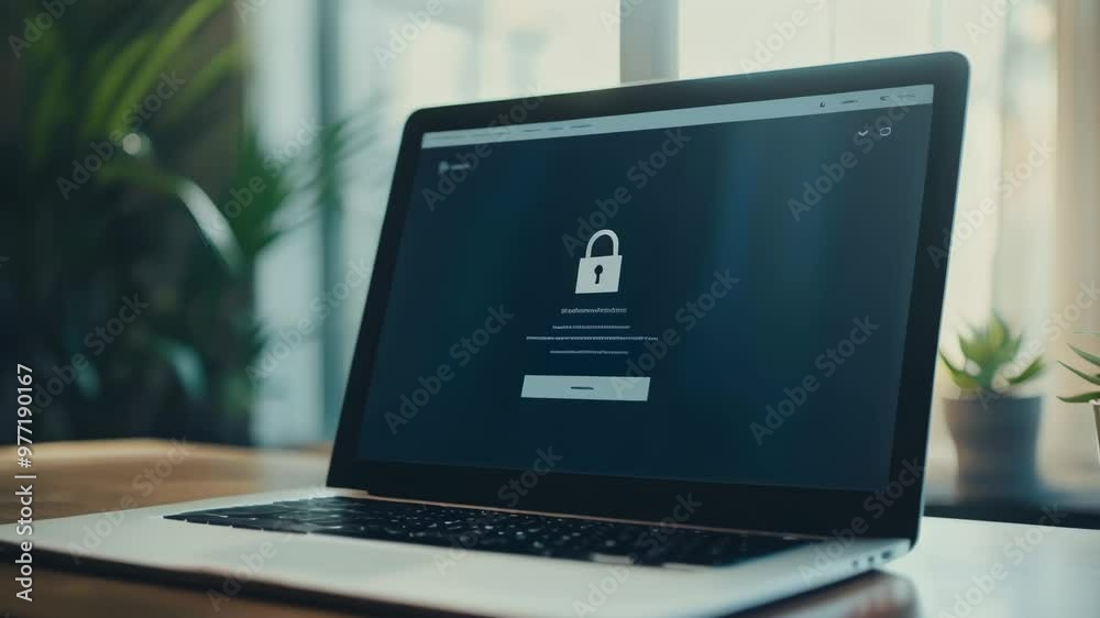 Poster Laptop screen featuring a vibrant lock icon in a modern workspace, emphasizing the importance of cybersecurity in business operations.