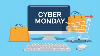 Shopping cart next to a computer with word cyber monday on the screen, concept of online shopping and e-commerce.
