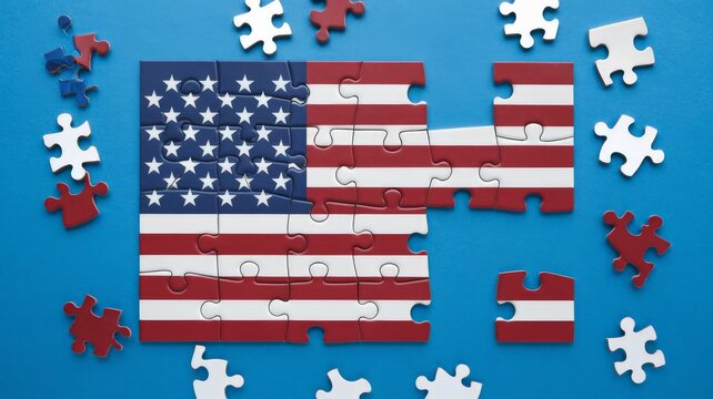 Puzzle made with the American flag, blue background - Powered by Adobe