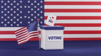 White ballot box with the word vote and the American flag, concept of politics and elections.