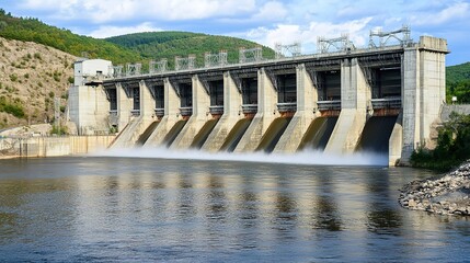 An impressive hydroelectric power station, showcasing the dam, turbines, and water flow, highlighting renewable energy production in a stunning natural landscape.