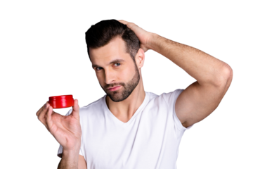 Close up photo amazing he him his macho perfect ideal appearance neat stubble furfur advising buy buyer hand arm novelty styling gel wax hairstyle wear casual white t-shirt isolated grey background