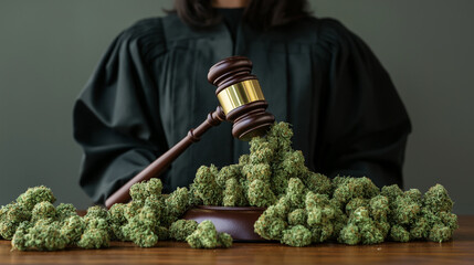 Judge holding gavel over pile of marijuana buds on desk