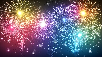 Fototapeta premium A vibrant, colorful fireworks background with a dark, open sky for text 