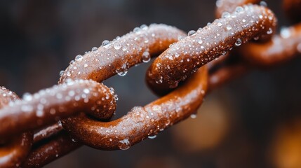 A close-up perspective on rusted chain links, accentuated by water droplets. Depicts industrial elements weathered by time, bringing a tangible sense of age and resilience.