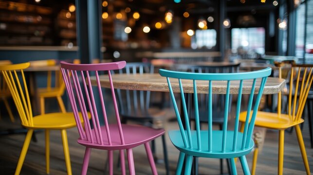 An inviting modern restaurant interior featuring colorful chairs surrounding wooden tables. The mix of vibrant colors enhances the contemporary and cheerful atmosphere.