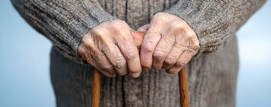 International Day of Older Persons, close-up of an elderly man's hands resting on a cane