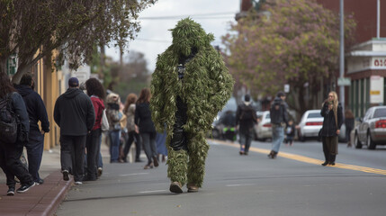 Obraz premium Person wearing a marijuana leaf ghillie suit walking down a crowded city street