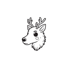 Reindeer Christmas Vector - Black Outline, Isolated on White.