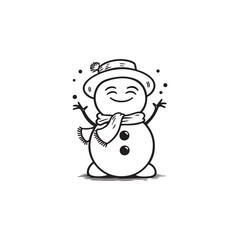 Vector Snowman with Hat and Scarf - Simple Flat Style, Black Outline.