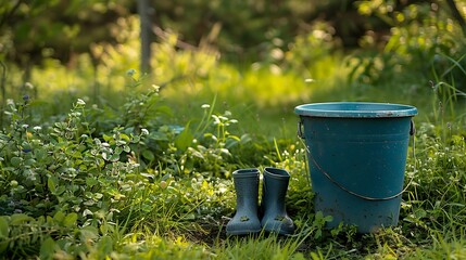 On a herb area in a grassy area a blue bucket and grey rubber shoes
