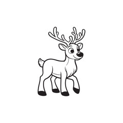 Reindeer Christmas Vector - Black Outline, Isolated on White.
