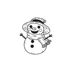 Vector Snowman with Hat and Scarf - Simple Flat Style, Black Outline.