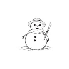 Snowman Vector Illustration with Scarf and Hat - Black Outline.